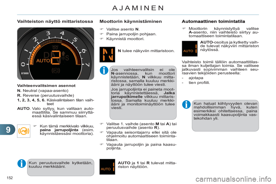 CITROEN C4 2011  Omistajan Käsikirjat (in Finnish) 9
AJAMINEN
152 
   Vaihteiston näyttö mittaristossa 
 
 
Vaihteenvalitsimen asennot 
   
N. 
 Neutral (vapaa-asento) 
   
R. 
 Reverse (peruutusvaihde) 
   
1, 2, 3, 4, 5, 6. 
  Käsivalintaisen til