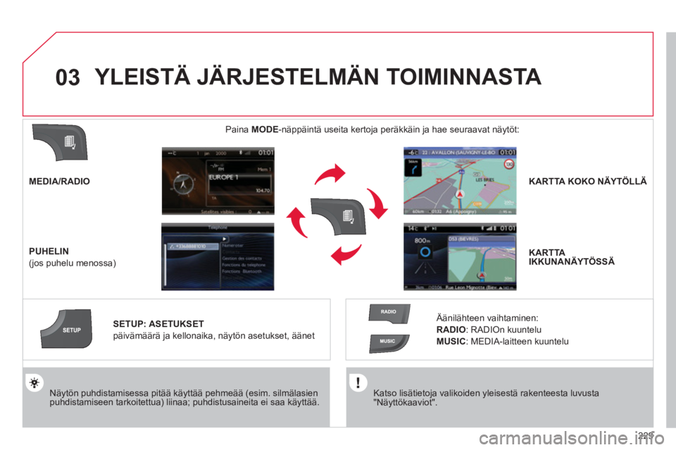 CITROEN C4 2011 Omistajan Käsikirjat (in Finnish) 229
03
Katso lisätietoja valikoiden yleisestä rakenteesta luvusta "Näyttökaaviot".
Näytön puhdistamisessa pitää käyttää pehmeää (esim. silmälasienpuhdistamiseen tarkoitettua) l CITROEN C4 2011 Omistajan Käsikirjat (in Finnish) 229
03
Katso lisätietoja valikoiden yleisestä rakenteesta luvusta "Näyttökaaviot".
Näytön puhdistamisessa pitää käyttää pehmeää (esim. silmälasienpuhdistamiseen tarkoitettua) l