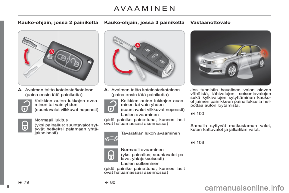 CITROEN C4 2011  Omistajan Käsikirjat (in Finnish) 6 
AVAAMINEN
   
Kauko-ohjain, jossa 2 painiketta    
Kauko-ohjain, jossa 3 painikettaVastaanottovalo
 
 
 
A. 
  Avaimen taitto kotelosta/koteloon  
  (paina ensin tätä painiketta)  
   
 
� 
 79 