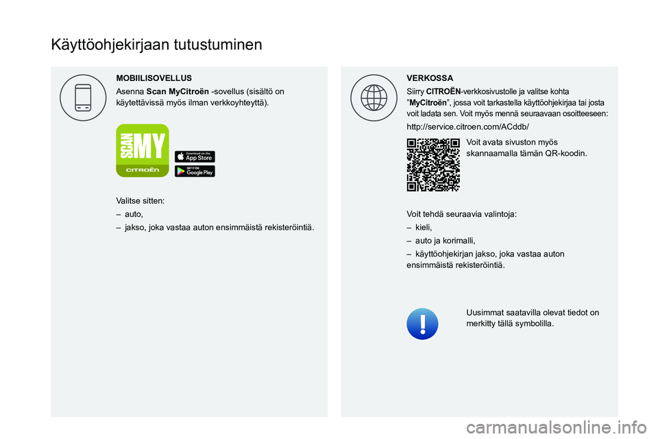 CITROEN C4 2021  Omistajan Käsikirjat (in Finnish)  
  
 
 
 
 
 
 
   
Käyttöohjekirjaan tutustuminen
MOBIILISOVELLUS
Asenna  Scan MyCitro\353n   -sovellus   (sisältö on 
käytettävissä myös ilman verkkoyhteyttä). VERKOSSA
Siirry 
CITRO\313N-