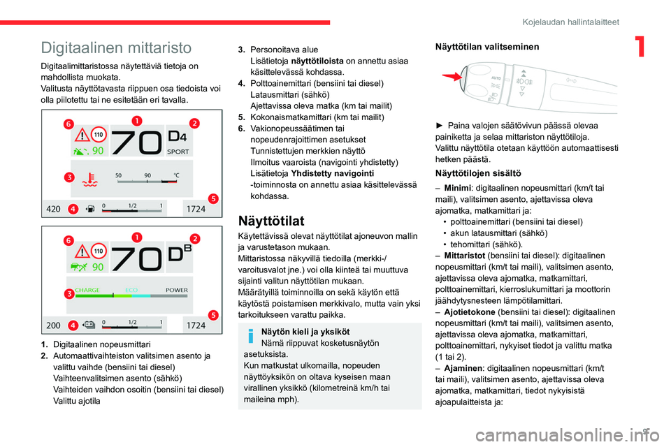 CITROEN C4 2021  Omistajan Käsikirjat (in Finnish) 9
Kojelaudan hallintalaitteet
1Digitaalinen mittaristo
Digitaalimittaristossa näytettäviä tietoja on 
mahdollista muokata.
Valitusta näyttötavasta riippuen osa tiedoista voi 
olla piilotettu tai 