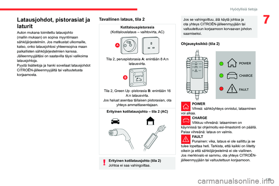 CITROEN C4 2021  Omistajan Käsikirjat (in Finnish) 139
Hyödyllisiä tietoja
7Latausjohdot, pistorasiat ja 
laturit
Auton mukana toimitettu latausjohto 
(mallin mukaan) on sopiva myyntimaan 
sähköjärjestelmiin. Jos matkustat ulkomaille, 
katso, onk