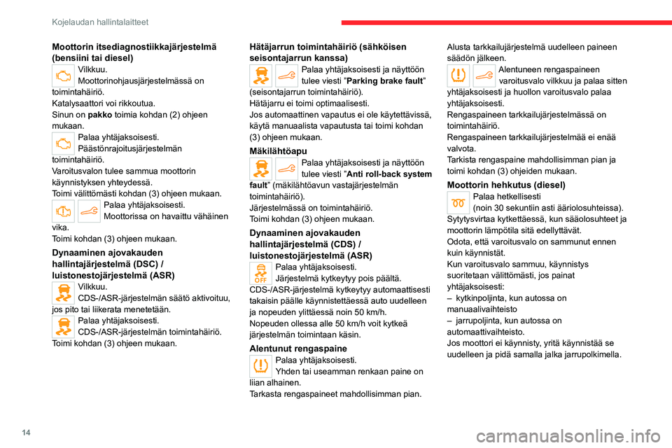 CITROEN C4 2021 Omistajan Käsikirjat (in Finnish) 14
Kojelaudan hallintalaitteet
Moottorin itsediagnostiikkajärjestelmä
(bensiini tai diesel)
Vilkkuu.
Moottorinohjausjärjestelmässä on
toimintahäiriö.
Katalysaattori voi rikkoutua.
Sinun on p CITROEN C4 2021 Omistajan Käsikirjat (in Finnish) 14
Kojelaudan hallintalaitteet
Moottorin itsediagnostiikkajärjestelmä
(bensiini tai diesel)
Vilkkuu.
Moottorinohjausjärjestelmässä on
toimintahäiriö.
Katalysaattori voi rikkoutua.
Sinun on p