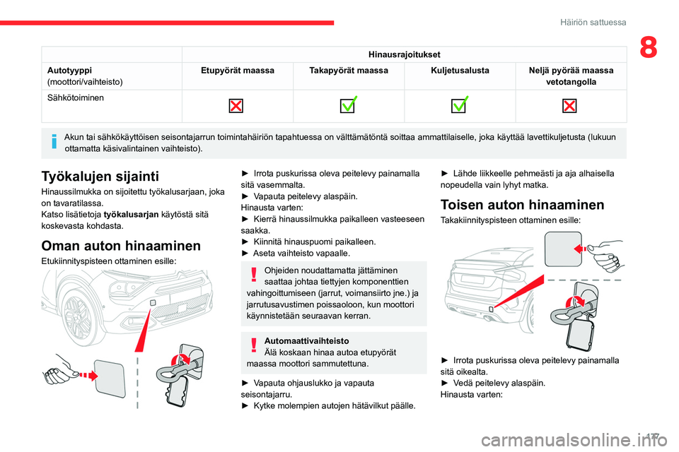 CITROEN C4 2021 Omistajan Käsikirjat (in Finnish) 177
Häiriön sattuessa
8Hinausrajoitukset
Autotyyppi
(moottori/vaihteisto) Etupyörät maassa Takapyörät maassa Kuljetusalusta Neljä pyörää maassa
vetotangolla
Sähkötoiminen
Akun CITROEN C4 2021 Omistajan Käsikirjat (in Finnish) 177
Häiriön sattuessa
8Hinausrajoitukset
Autotyyppi
(moottori/vaihteisto) Etupyörät maassa Takapyörät maassa Kuljetusalusta Neljä pyörää maassa
vetotangolla
Sähkötoiminen
Akun