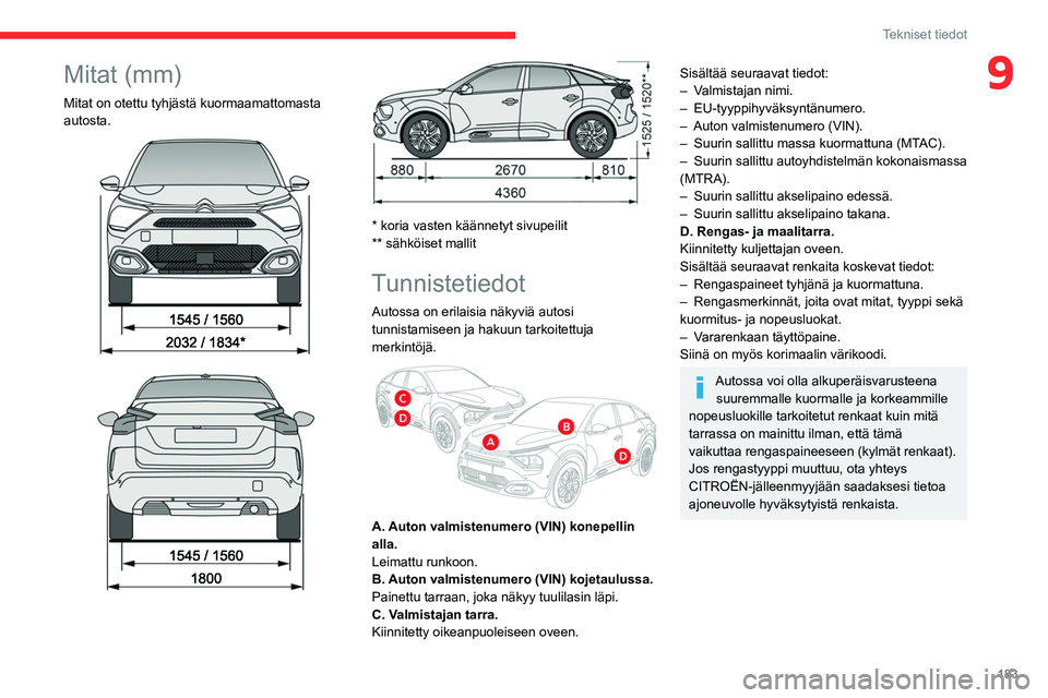 CITROEN C4 2021 Omistajan Käsikirjat (in Finnish) 183
Tekniset tiedot
9Mitat (mm)
Mitat on otettu tyhjästä kuormaamattomasta
autosta.
* koria vasten käännetyt sivupeilit
** sähköiset mallit
Tunnistetiedot
Autossa on erilaisia näky CITROEN C4 2021 Omistajan Käsikirjat (in Finnish) 183
Tekniset tiedot
9Mitat (mm)
Mitat on otettu tyhjästä kuormaamattomasta
autosta.
* koria vasten käännetyt sivupeilit
** sähköiset mallit
Tunnistetiedot
Autossa on erilaisia näky
