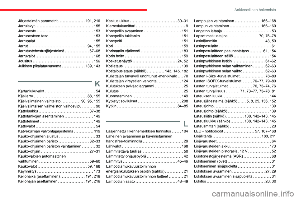 CITROEN C4 2021  Omistajan Käsikirjat (in Finnish) 223
Aakkosellinen hakemisto
Järjestelmän parametrit     191, 216
Jarrulevyt     
155
Jarruneste
    
153
Jarrunesteen taso
    
153
Jarrupalat
    
155
Jarrut
    
94, 155
Jarrutustehostusjärjestel