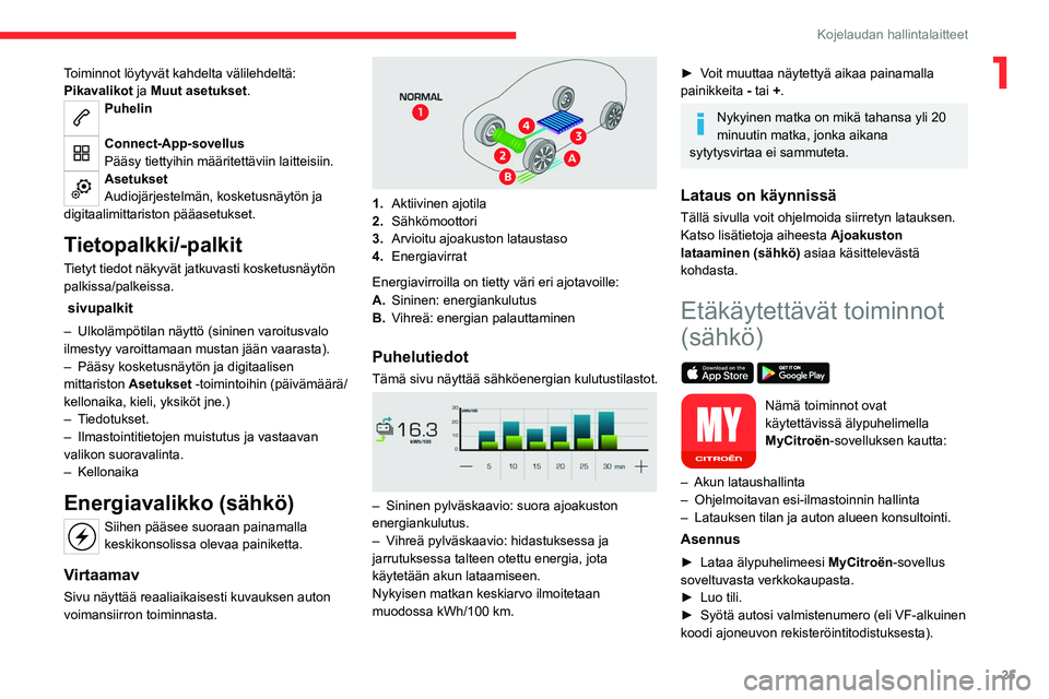 CITROEN C4 2021 Omistajan Käsikirjat (in Finnish) 25
Kojelaudan hallintalaitteet
1Toiminnot löytyvät kahdelta välilehdeltä:
Pikavalikot ja Muut asetukset.
Puhelin
Connect-App-sovellus
Pääsy tiettyihin määritettäviin laitteisiin.
Asetukset
CITROEN C4 2021 Omistajan Käsikirjat (in Finnish) 25
Kojelaudan hallintalaitteet
1Toiminnot löytyvät kahdelta välilehdeltä:
Pikavalikot ja Muut asetukset.
Puhelin
Connect-App-sovellus
Pääsy tiettyihin määritettäviin laitteisiin.
Asetukset