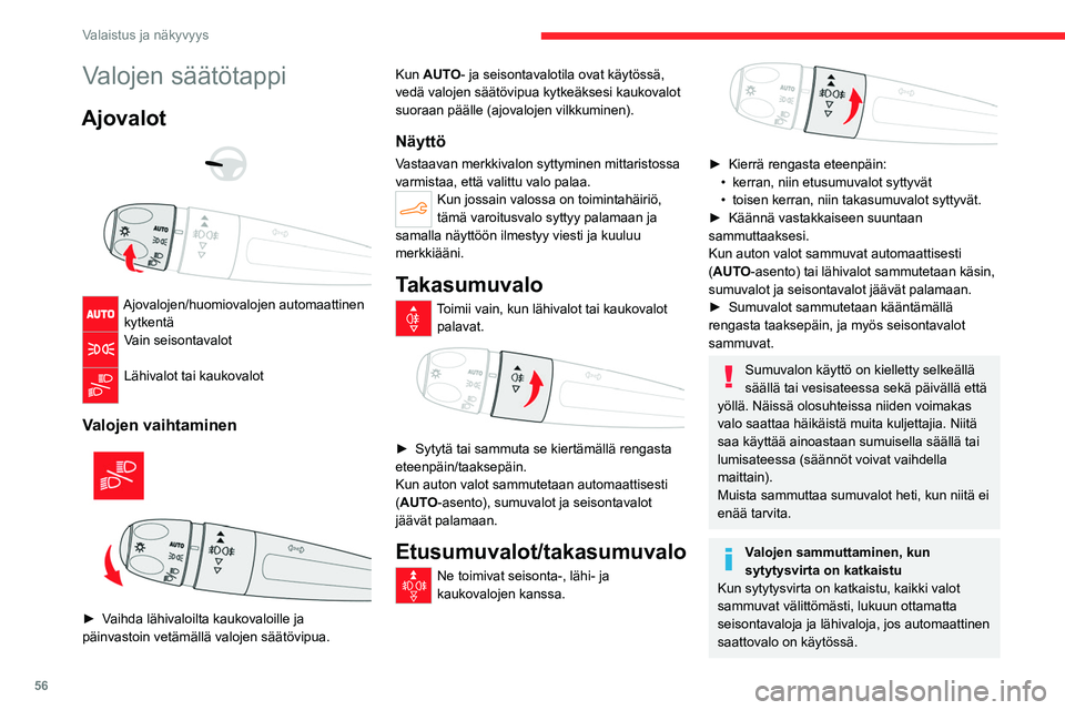 CITROEN C4 2021 Omistajan Käsikirjat (in Finnish) 56
Valaistus ja näkyvyys
Valojen säätötappi
Ajovalot
Ajovalojen/huomiovalojen automaattinen kytkentä
Vain seisontavalot
Lähivalot tai kaukovalot
Valojen vaihtaminen
► Vaihda CITROEN C4 2021 Omistajan Käsikirjat (in Finnish) 56
Valaistus ja näkyvyys
Valojen säätötappi
Ajovalot
Ajovalojen/huomiovalojen automaattinen kytkentä
Vain seisontavalot
Lähivalot tai kaukovalot
Valojen vaihtaminen
► Vaihda