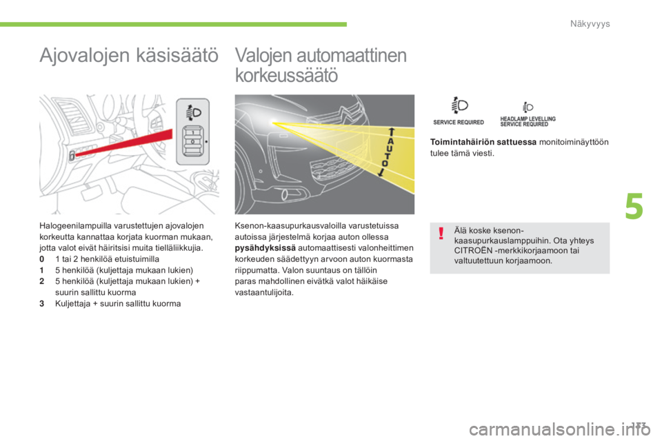 CITROEN C4 AIRCROSS 2016 Omistajan Käsikirjat (in Finnish) 133
C4-Aircross_fi_Chap05_visibilite_ed01-2014
Halogeenilampuilla varustettujen ajovalojen
korkeutta kannattaa korjata kuorman mukaan,
jotta valot eivät häiritsisi muita tielläliikkujia.
0
1
CITROEN C4 AIRCROSS 2016 Omistajan Käsikirjat (in Finnish) 133
C4-Aircross_fi_Chap05_visibilite_ed01-2014
Halogeenilampuilla varustettujen ajovalojen
korkeutta kannattaa korjata kuorman mukaan,
jotta valot eivät häiritsisi muita tielläliikkujia.
0
1
