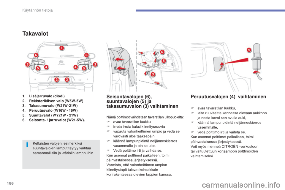 CITROEN C4 AIRCROSS 2016 Omistajan Käsikirjat (in Finnish) 186
C4-Aircross_fi_Chap07_info-pratiques_ed01-2014
1. Lisäjarruvalo (diodi)
2. Rekisterikilven valo (W5W-5W)
3.
T
akasumuvalo (W21W-21W)
4.
P
eruutusvalo (W16W - 16W)
5.
S
uuntavalot (W Y21W - CITROEN C4 AIRCROSS 2016 Omistajan Käsikirjat (in Finnish) 186
C4-Aircross_fi_Chap07_info-pratiques_ed01-2014
1. Lisäjarruvalo (diodi)
2. Rekisterikilven valo (W5W-5W)
3.
T
akasumuvalo (W21W-21W)
4.
P
eruutusvalo (W16W - 16W)
5.
S
uuntavalot (W Y21W -