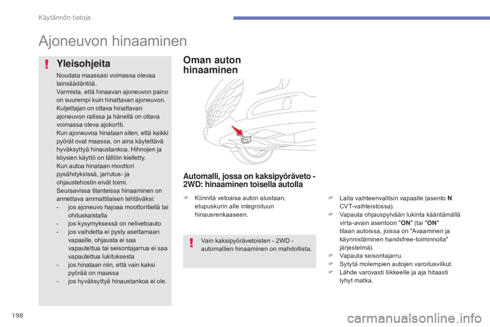 CITROEN C4 AIRCROSS 2016 Omistajan Käsikirjat (in Finnish) 198
C4-Aircross_fi_Chap07_info-pratiques_ed01-2014
Ajoneuvon hinaaminen
Oman auton
hinaaminen
Automalli, jossa on kaksipyöräveto -
2WD: hinaaminen toisella autolla
F Laita vaihteenvalitsin vapaa CITROEN C4 AIRCROSS 2016 Omistajan Käsikirjat (in Finnish) 198
C4-Aircross_fi_Chap07_info-pratiques_ed01-2014
Ajoneuvon hinaaminen
Oman auton
hinaaminen
Automalli, jossa on kaksipyöräveto -
2WD: hinaaminen toisella autolla
F Laita vaihteenvalitsin vapaa