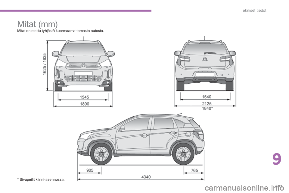 CITROEN C4 AIRCROSS 2016  Omistajan Käsikirjat (in Finnish) 233
C4-Aircross_fi_Chap09_caracteristiques-techniques_ed01-2014
Mitat (mm)Mitat on otettu tyhjästä kuormaamattomasta autosta.
* Sivupeilit kiinni-asennossa.
9 
T  