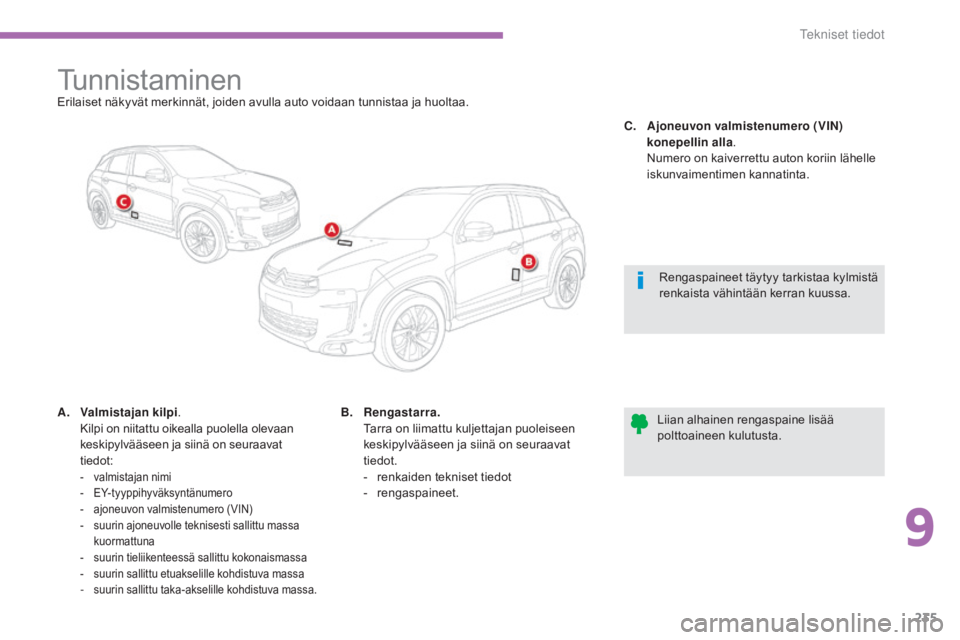CITROEN C4 AIRCROSS 2016 Omistajan Käsikirjat (in Finnish) 235
C4-Aircross_fi_Chap09_caracteristiques-techniques_ed01-2014
TunnistaminenErilaiset näkyvät merkinnät, joiden avulla auto voidaan tunnistaa ja huoltaa.
A.
V
almistajan kilpi .
K
ilpi on niit CITROEN C4 AIRCROSS 2016 Omistajan Käsikirjat (in Finnish) 235
C4-Aircross_fi_Chap09_caracteristiques-techniques_ed01-2014
TunnistaminenErilaiset näkyvät merkinnät, joiden avulla auto voidaan tunnistaa ja huoltaa.
A.
V
almistajan kilpi .
K
ilpi on niit