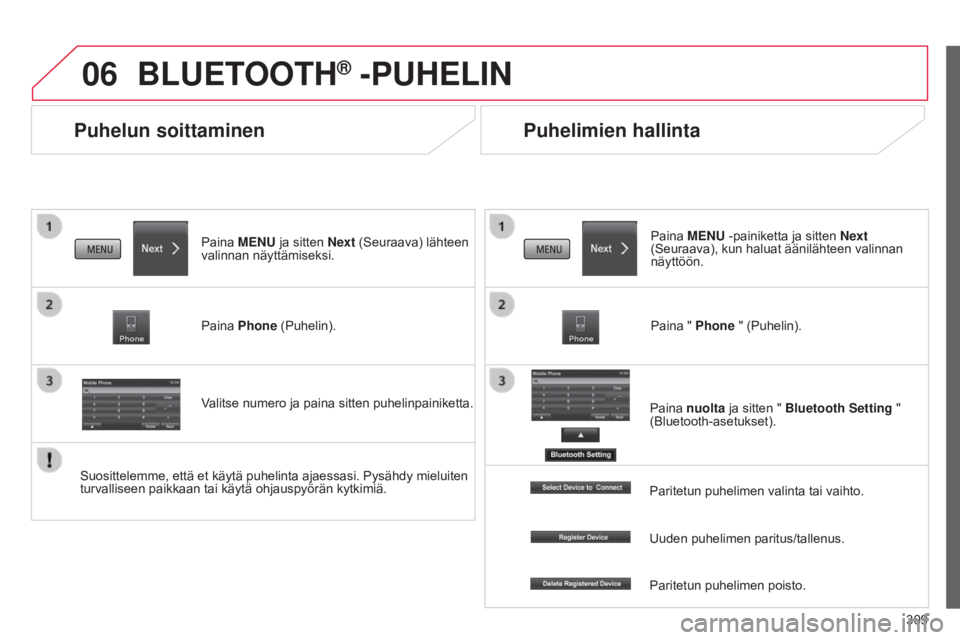 CITROEN C4 AIRCROSS 2016  Omistajan Käsikirjat (in Finnish) 06
309
C4-Aircross_fi_Chap10c_Mitsu5_ed01-2014
Puhelun soittaminen
BLUETOOTH® -PUHELIN
Paina MENU ja sitten Next (Seuraava) lähteen 
valinnan näyttämiseksi.
Paina Phone (Puhelin).
Valitse numero j