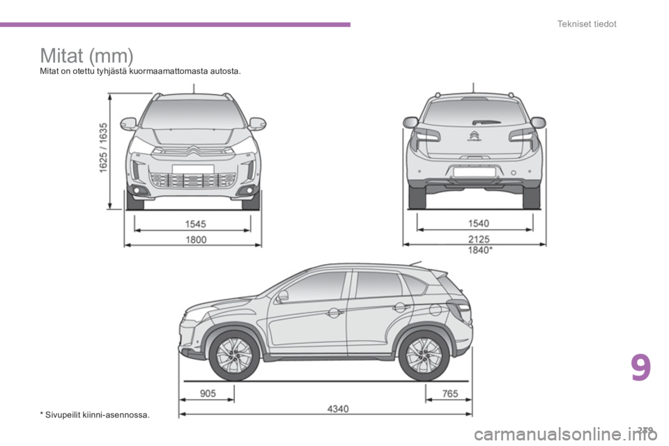 CITROEN C4 AIRCROSS 2014 Omistajan Käsikirjat (in Finnish) 9
239
Te k n i s e t t i e d o t
Mitat (mm)
Mitat on otettu tyhjästä kuormaamattomasta autosta.
* Sivupeilit kiinni-asennossa. CITROEN C4 AIRCROSS 2014 Omistajan Käsikirjat (in Finnish) 9
239
Te k n i s e t t i e d o t
Mitat (mm)
Mitat on otettu tyhjästä kuormaamattomasta autosta.
* Sivupeilit kiinni-asennossa.