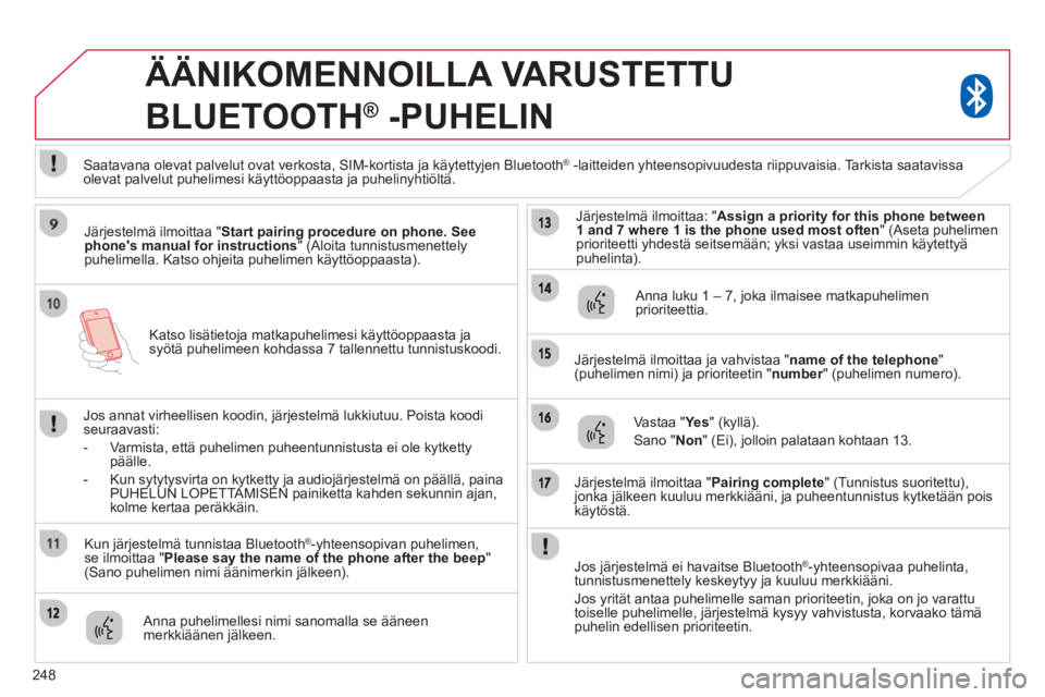 CITROEN C4 AIRCROSS 2014 Omistajan Käsikirjat (in Finnish) 248
Katso lisätietoja matkapuhelimesi käyttöoppaasta ja
syötä puhelimeen kohdassa 7 tallennettu tunnistuskoodi.
ÄÄNIKOMENNOILLA VARUSTETTU
BLUETOOTH
® -PUHELIN
Järje CITROEN C4 AIRCROSS 2014 Omistajan Käsikirjat (in Finnish) 248
Katso lisätietoja matkapuhelimesi käyttöoppaasta ja
syötä puhelimeen kohdassa 7 tallennettu tunnistuskoodi.
ÄÄNIKOMENNOILLA VARUSTETTU
BLUETOOTH
® -PUHELIN
Järje