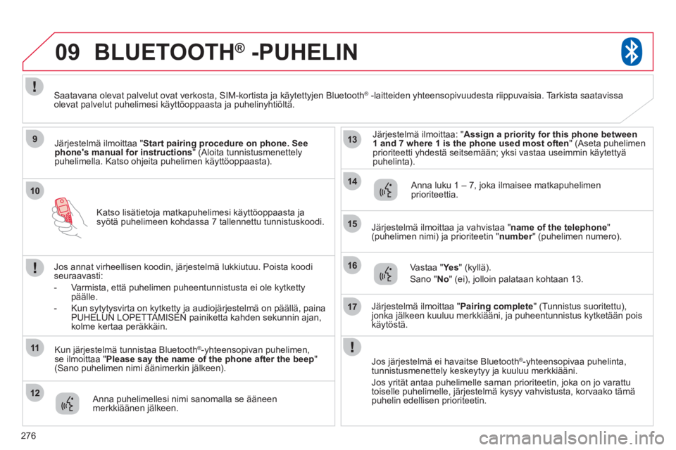 CITROEN C4 AIRCROSS 2013 Omistajan Käsikirjat (in Finnish) 276
10
09
9
11
12
13
14
15
16
17
Katso lisätietoja matkapuhelimesi käyttöoppaasta ja
syötä puhelimeen kohdassa 7 tallennettu tunnistuskoodi.
BLUETOOTH® -PUHELIN®
Järjestelmä ilmoittaa "Star CITROEN C4 AIRCROSS 2013 Omistajan Käsikirjat (in Finnish) 276
10
09
9
11
12
13
14
15
16
17
Katso lisätietoja matkapuhelimesi käyttöoppaasta ja
syötä puhelimeen kohdassa 7 tallennettu tunnistuskoodi.
BLUETOOTH® -PUHELIN®
Järjestelmä ilmoittaa "Star