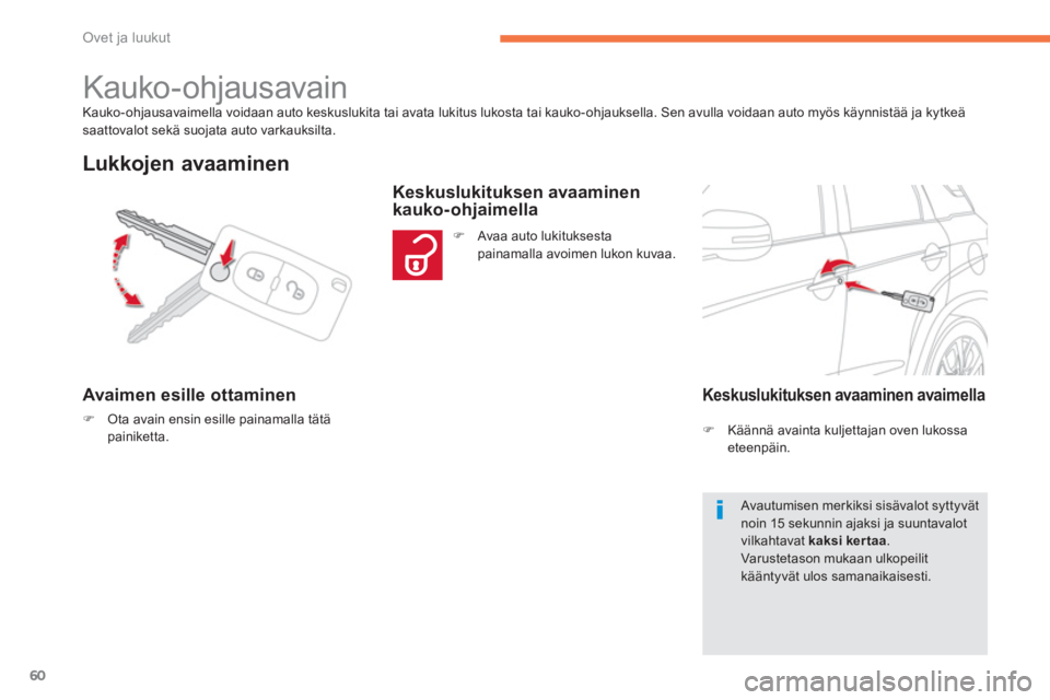 CITROEN C4 AIRCROSS 2013  Omistajan Käsikirjat (in Finnish) 60
Ovet ja luukut
Kauko-ohjausavaimella voidaan auto keskuslukita tai avata lukitus lukosta tai kauko-ohjauksella. Sen avulla voidaan auto myös käynnistää ja kytkeä saattovalot sekä suojata auto