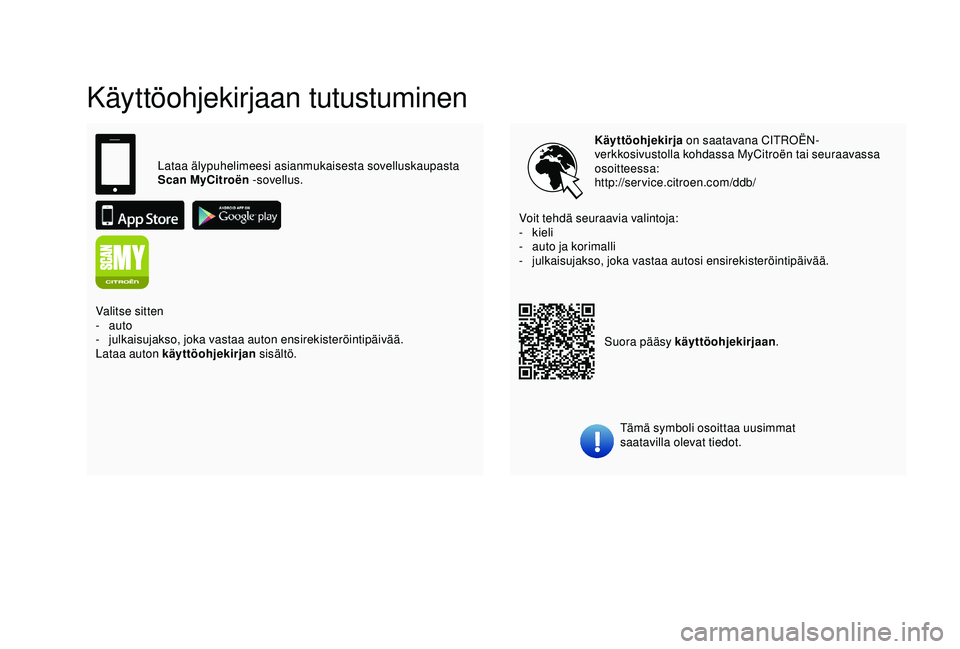 CITROEN C4 CACTUS 2019 Omistajan Käsikirjat (in Finnish) Käyttöohjekirjaan tutustuminen
Käyttöohjekirja on saatavana CITROËN-
verkkosivustolla kohdassa MyCitroën tai seuraavassa
osoitteessa:
http://service.citroen.com/ddb/
Tämä symboli osoittaa uus CITROEN C4 CACTUS 2019 Omistajan Käsikirjat (in Finnish) Käyttöohjekirjaan tutustuminen
Käyttöohjekirja on saatavana CITROËN-
verkkosivustolla kohdassa MyCitroën tai seuraavassa
osoitteessa:
http://service.citroen.com/ddb/
Tämä symboli osoittaa uus