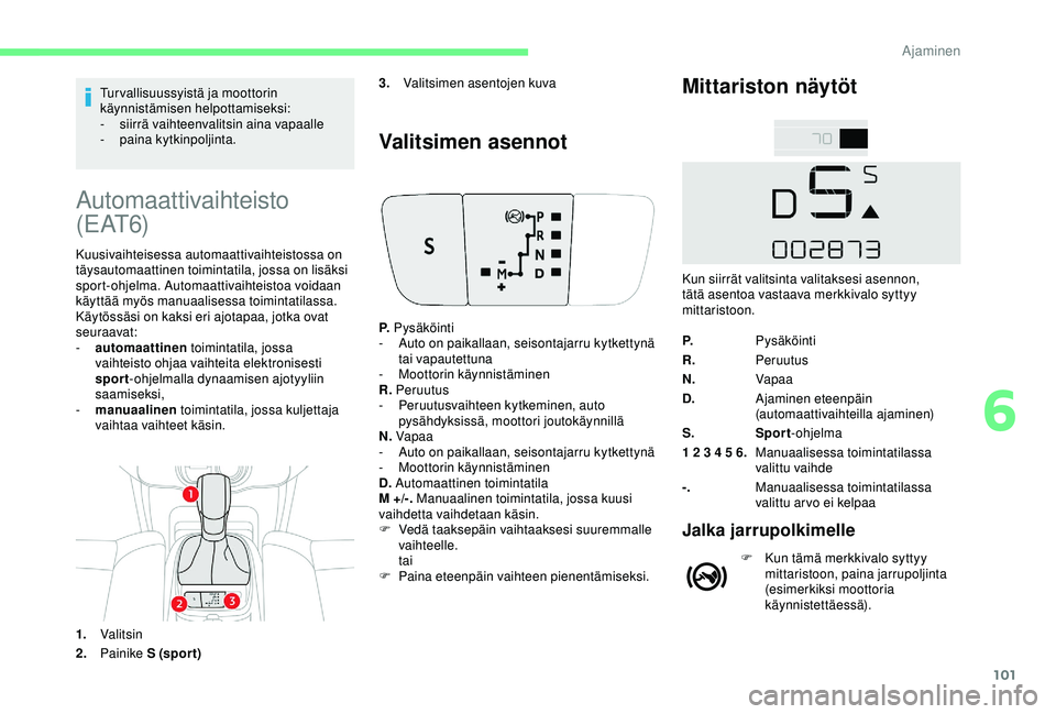 CITROEN C4 CACTUS 2019 Omistajan Käsikirjat (in Finnish) 101
Tur vallisuussyistä ja moottorin
käynnistämisen helpottamiseksi:
-
s
iirrä vaihteenvalitsin aina vapaalle
-
pa
ina kytkinpoljinta.
Automaattivaihteisto
( E AT 6)
Kuusivaihteisessa automaa CITROEN C4 CACTUS 2019 Omistajan Käsikirjat (in Finnish) 101
Tur vallisuussyistä ja moottorin
käynnistämisen helpottamiseksi:
-
s
iirrä vaihteenvalitsin aina vapaalle
-
pa
ina kytkinpoljinta.
Automaattivaihteisto
( E AT 6)
Kuusivaihteisessa automaa