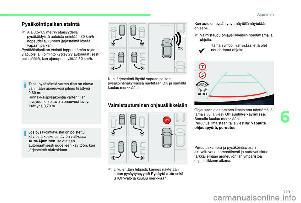 CITROEN C4 CACTUS 2019 Omistajan Käsikirjat (in Finnish) 129
Pysäköintipaikan etsintä
F Aja 0,5 -1,5 metrin etäisyydellä
pysäköidyistä autoista enintään 30 km/h
nopeudella, kunnes järjestelmä löytää
vapaan paikan.
Pysäköintipaikan ets CITROEN C4 CACTUS 2019 Omistajan Käsikirjat (in Finnish) 129
Pysäköintipaikan etsintä
F Aja 0,5 -1,5 metrin etäisyydellä
pysäköidyistä autoista enintään 30 km/h
nopeudella, kunnes järjestelmä löytää
vapaan paikan.
Pysäköintipaikan ets
