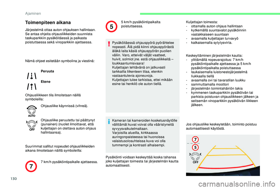 CITROEN C4 CACTUS 2019 Omistajan Käsikirjat (in Finnish) 130
7
5
Toimenpiteen aikana
Järjestelmä ottaa auton ohjauksen hallintaan.
Se antaa ohjeita ohjausliikkeiden suunnista
taskuparkkiin pysäköitäessä ja paikasta
poistuttaessa sekä vinoparkkiin CITROEN C4 CACTUS 2019 Omistajan Käsikirjat (in Finnish) 130
7
5
Toimenpiteen aikana
Järjestelmä ottaa auton ohjauksen hallintaan.
Se antaa ohjeita ohjausliikkeiden suunnista
taskuparkkiin pysäköitäessä ja paikasta
poistuttaessa sekä vinoparkkiin