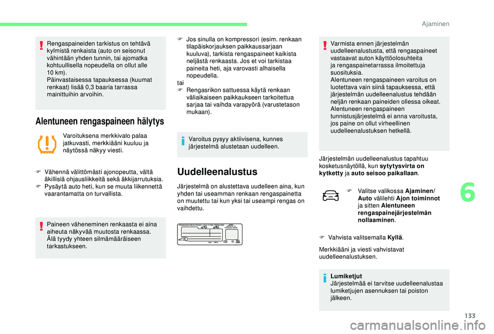 CITROEN C4 CACTUS 2019 Omistajan Käsikirjat (in Finnish) 133
Rengaspaineiden tarkistus on tehtävä
kylmistä renkaista (auto on seisonut
vähintään yhden tunnin, tai ajomatka
kohtuullisella nopeudella on ollut alle
10
k m).
Päinvastaisessa tapauks CITROEN C4 CACTUS 2019 Omistajan Käsikirjat (in Finnish) 133
Rengaspaineiden tarkistus on tehtävä
kylmistä renkaista (auto on seisonut
vähintään yhden tunnin, tai ajomatka
kohtuullisella nopeudella on ollut alle
10
k m).
Päinvastaisessa tapauks