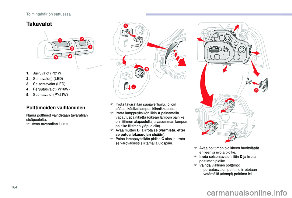 CITROEN C4 CACTUS 2019 Omistajan Käsikirjat (in Finnish) 164
Ta k a v a l o t
1.Jarruvalot (P21W)
2. Sumuvalo(t) (LED)
3. Seisontavalot (LED)
4. Peruutusvalot (W16W)
5. Suuntavalot (PY21W)
Polttimoiden vaihtaminen
Nämä polttimot vaihdetaan tavaratilan
si CITROEN C4 CACTUS 2019 Omistajan Käsikirjat (in Finnish) 164
Ta k a v a l o t
1.Jarruvalot (P21W)
2. Sumuvalo(t) (LED)
3. Seisontavalot (LED)
4. Peruutusvalot (W16W)
5. Suuntavalot (PY21W)
Polttimoiden vaihtaminen
Nämä polttimot vaihdetaan tavaratilan
si