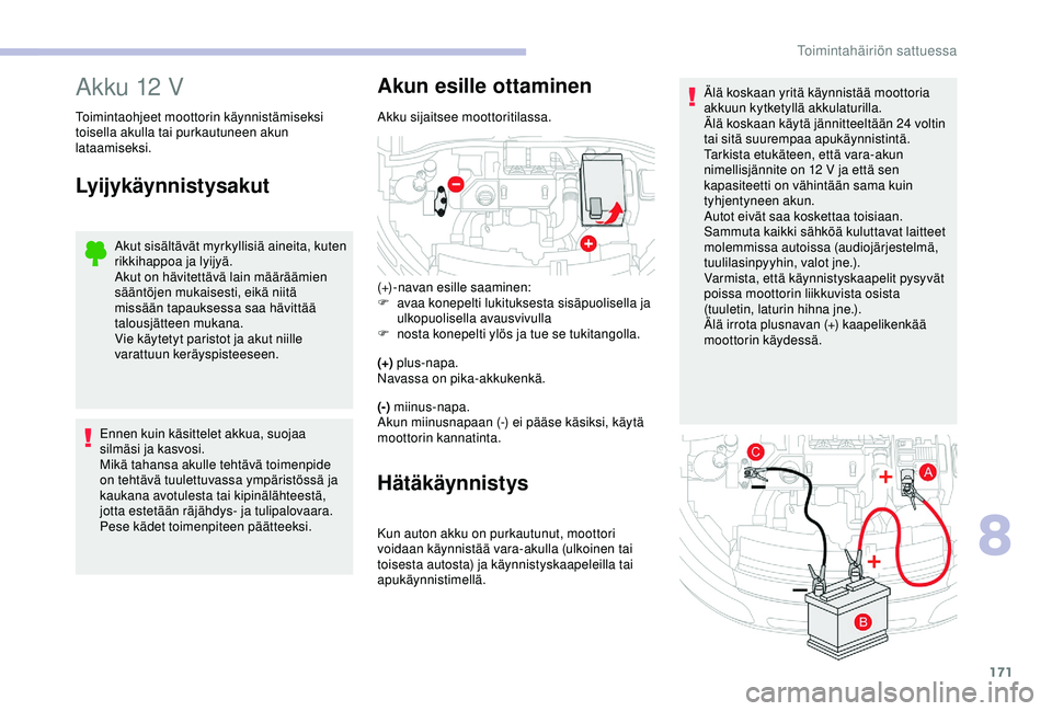 CITROEN C4 CACTUS 2019 Omistajan Käsikirjat (in Finnish) 171
Älä koskaan yritä käynnistää moottoria
akkuun kytketyllä akkulaturilla.
Älä koskaan käytä jännitteeltään 24 voltin
tai sitä suurempaa apukäynnistintä.
Tarkista etukäteen, että CITROEN C4 CACTUS 2019 Omistajan Käsikirjat (in Finnish) 171
Älä koskaan yritä käynnistää moottoria
akkuun kytketyllä akkulaturilla.
Älä koskaan käytä jännitteeltään 24 voltin
tai sitä suurempaa apukäynnistintä.
Tarkista etukäteen, että