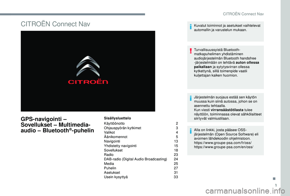 CITROEN C4 CACTUS 2019 Omistajan Käsikirjat (in Finnish) 1
CITROËN Connect Nav
GPS-navigointi –
Sovellukset – Multimedia-
audio – Bluetooth
®-puhelin
Sisällysluettelo
Käyttöönotto
2
O
hjauspyörän kytkimet
3
V
alikot
4
Ä
änikomennot
5 CITROEN C4 CACTUS 2019 Omistajan Käsikirjat (in Finnish) 1
CITROËN Connect Nav
GPS-navigointi –
Sovellukset – Multimedia-
audio – Bluetooth
®-puhelin
Sisällysluettelo
Käyttöönotto
2
O
hjauspyörän kytkimet
3
V
alikot
4
Ä
änikomennot
5