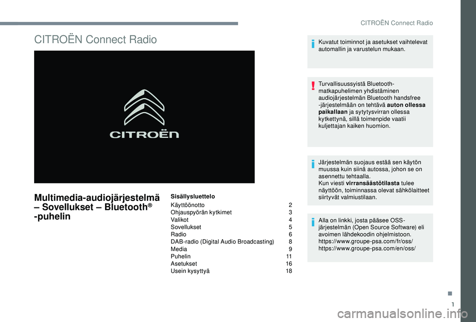 CITROEN C4 CACTUS 2019 Omistajan Käsikirjat (in Finnish) 1
CITROËN Connect Radio
Multimedia-audiojärjestelmä
– Sovellukset – Bluetooth®
-puhelin
Sisällysluettelo
Käyttöönotto
2
O
hjauspyörän kytkimet
3
V
alikot
4
S
ovellukset 5
Radio CITROEN C4 CACTUS 2019 Omistajan Käsikirjat (in Finnish) 1
CITROËN Connect Radio
Multimedia-audiojärjestelmä
– Sovellukset – Bluetooth®
-puhelin
Sisällysluettelo
Käyttöönotto
2
O
hjauspyörän kytkimet
3
V
alikot
4
S
ovellukset 5
Radio