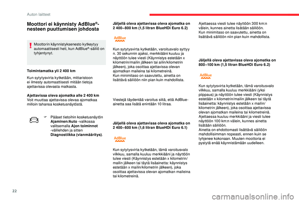 CITROEN C4 CACTUS 2019 Omistajan Käsikirjat (in Finnish) 22
Jäljellä oleva ajettavissa oleva ajomatka on
2 400 – 600 km (1,6 litran BlueHDi Euro 6.1) Jäljellä oleva ajettavissa oleva ajomatka on
800 –100
km (1,5 litran BlueHDi Euro 6.2)
Moo CITROEN C4 CACTUS 2019 Omistajan Käsikirjat (in Finnish) 22
Jäljellä oleva ajettavissa oleva ajomatka on
2 400 – 600 km (1,6 litran BlueHDi Euro 6.1) Jäljellä oleva ajettavissa oleva ajomatka on
800 –100
km (1,5 litran BlueHDi Euro 6.2)
Moo