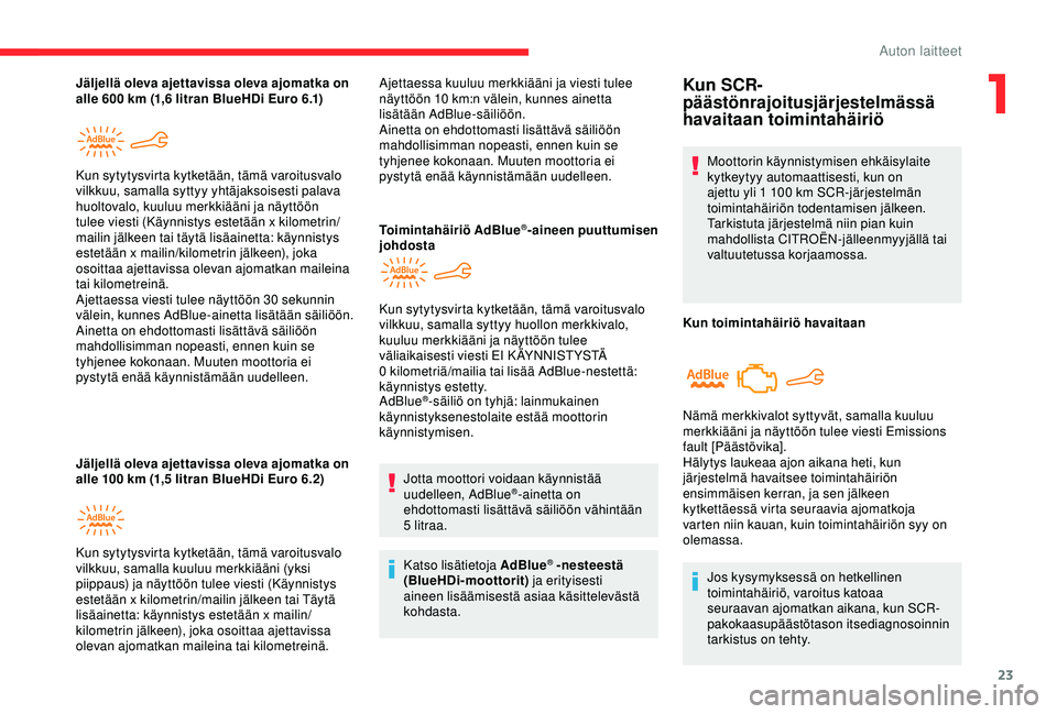 CITROEN C4 CACTUS 2019 Omistajan Käsikirjat (in Finnish) 23
Jäljellä oleva ajettavissa oleva ajomatka on
alle 600 km (1,6 litran BlueHDi Euro 6.1)
Jäljellä oleva ajettavissa oleva ajomatka on
alle 100
km (1,5 litran BlueHDi Euro 6.2)
Kun sytyty CITROEN C4 CACTUS 2019 Omistajan Käsikirjat (in Finnish) 23
Jäljellä oleva ajettavissa oleva ajomatka on
alle 600 km (1,6 litran BlueHDi Euro 6.1)
Jäljellä oleva ajettavissa oleva ajomatka on
alle 100
km (1,5 litran BlueHDi Euro 6.2)
Kun sytyty