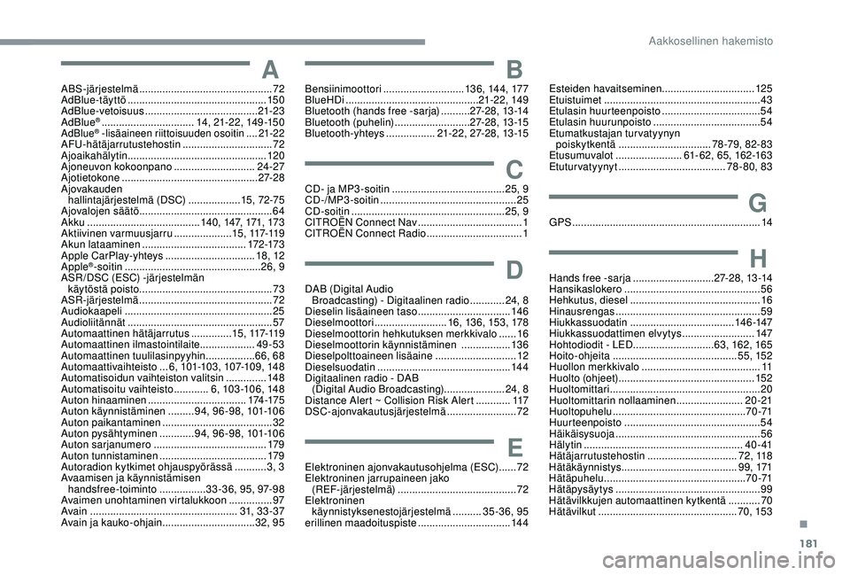 CITROEN C4 CACTUS 2019 Omistajan Käsikirjat (in Finnish) 181
AABS-järjestelmä .............................................. 72
AdBlue-täyttö ................................................ 15
0
AdBlue-vetoisuus
..................................... CITROEN C4 CACTUS 2019 Omistajan Käsikirjat (in Finnish) 181
AABS-järjestelmä .............................................. 72
AdBlue-täyttö ................................................ 15
0
AdBlue-vetoisuus
.....................................