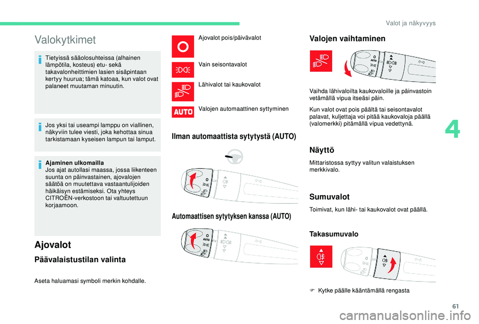 CITROEN C4 CACTUS 2019  Omistajan Käsikirjat (in Finnish) 61
Valokytkimet
Tietyissä sääolosuhteissa (alhainen 
lämpötila, kosteus) etu- sekä 
takavalonheittimien lasien sisäpintaan 
kertyy huurua; tämä katoaa, kun valot ovat 
palaneet muutaman minuu