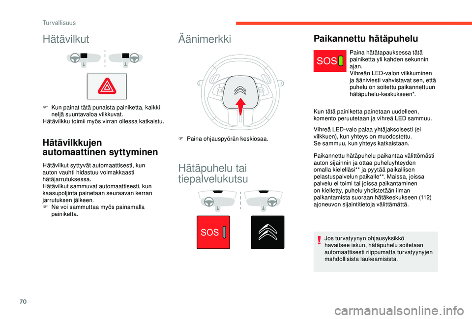 CITROEN C4 CACTUS 2019 Omistajan Käsikirjat (in Finnish) 70
Hätävilkut
F Kun painat tätä punaista painiketta, kaikki neljä suuntavaloa vilkkuvat.
Hätävilkku toimii myös virran ollessa katkaistu.
Hätävilkkujen
automaattinen syttyminen
Hätävilkut CITROEN C4 CACTUS 2019 Omistajan Käsikirjat (in Finnish) 70
Hätävilkut
F Kun painat tätä punaista painiketta, kaikki neljä suuntavaloa vilkkuvat.
Hätävilkku toimii myös virran ollessa katkaistu.
Hätävilkkujen
automaattinen syttyminen
Hätävilkut