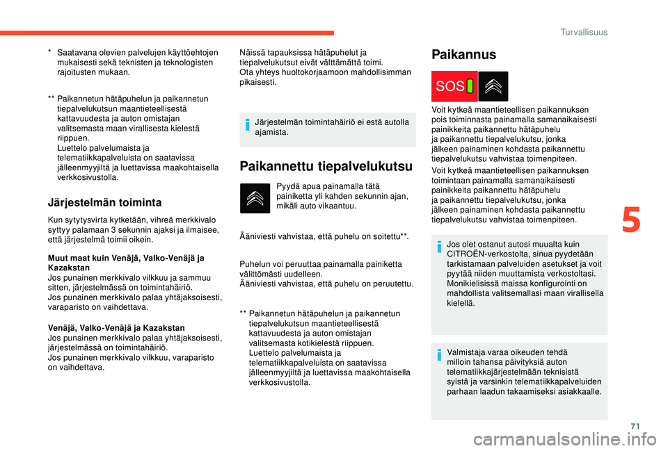 CITROEN C4 CACTUS 2019 Omistajan Käsikirjat (in Finnish) 71
** Paikannetun hätäpuhelun ja paikannetun tiepalvelukutsun maantieteellisestä
kattavuudesta ja auton omistajan
valitsemasta maan virallisesta kielestä
riippuen.
Luettelo palvelumaista ja CITROEN C4 CACTUS 2019 Omistajan Käsikirjat (in Finnish) 71
** Paikannetun hätäpuhelun ja paikannetun tiepalvelukutsun maantieteellisestä
kattavuudesta ja auton omistajan
valitsemasta maan virallisesta kielestä
riippuen.
Luettelo palvelumaista ja