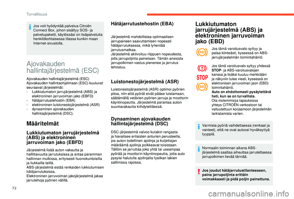 CITROEN C4 CACTUS 2019 Omistajan Käsikirjat (in Finnish) 72
Ajovakauden
hallintajärjestelmä (ESC)
Ajovakauden hallintajärjestelmä (ESC)
Ajovakauden hallintaohjelmaan (ESC) kuuluvat
seuraavat järjestelmät:
-
L
ukkiutumaton jarrujärjestelmä (ABS) CITROEN C4 CACTUS 2019 Omistajan Käsikirjat (in Finnish) 72
Ajovakauden
hallintajärjestelmä (ESC)
Ajovakauden hallintajärjestelmä (ESC)
Ajovakauden hallintaohjelmaan (ESC) kuuluvat
seuraavat järjestelmät:
-
L
ukkiutumaton jarrujärjestelmä (ABS)