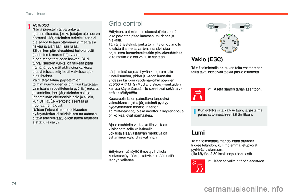 CITROEN C4 CACTUS 2019 Omistajan Käsikirjat (in Finnish) 74
ASR/DSC
Nämä järjestelmät parantavat
ajoturvallisuutta, jos kuljettajan ajotapa on
normaali. Järjestelmien tarkoituksena ei
ole saada ketään ottamaan ylimääräisiä
riskejä ja ajamaan CITROEN C4 CACTUS 2019 Omistajan Käsikirjat (in Finnish) 74
ASR/DSC
Nämä järjestelmät parantavat
ajoturvallisuutta, jos kuljettajan ajotapa on
normaali. Järjestelmien tarkoituksena ei
ole saada ketään ottamaan ylimääräisiä
riskejä ja ajamaan