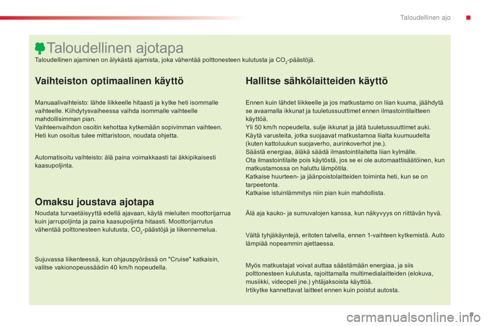 CITROEN C4 CACTUS 2018 Omistajan Käsikirjat (in Finnish) 9
C4-cactus_fi_Chap00c_eco-conduite_ed01-2016
Vaihteiston optimaalinen käyttö
Manuaalivaihteisto: lähde liikkeelle hitaasti ja kytke heti isommalle
vaihteelle. Kiihdytysvaiheessa vaihda isommalle CITROEN C4 CACTUS 2018 Omistajan Käsikirjat (in Finnish) 9
C4-cactus_fi_Chap00c_eco-conduite_ed01-2016
Vaihteiston optimaalinen käyttö
Manuaalivaihteisto: lähde liikkeelle hitaasti ja kytke heti isommalle
vaihteelle. Kiihdytysvaiheessa vaihda isommalle