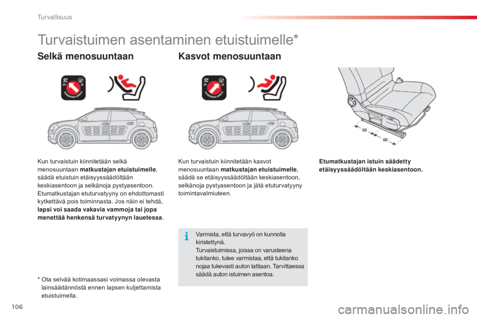 CITROEN C4 CACTUS 2018 Omistajan Käsikirjat (in Finnish) 106
C4-cactus_fi_Chap05_securite_ed01-2016
Turvaistuimen asentaminen etuistuimelle*
Selkä menosuuntaan Kasvot menosuuntaan
Etumatkustajan istuin säädetty
etäisyyssäädöltään keskiasentoon.
Va CITROEN C4 CACTUS 2018 Omistajan Käsikirjat (in Finnish) 106
C4-cactus_fi_Chap05_securite_ed01-2016
Turvaistuimen asentaminen etuistuimelle*
Selkä menosuuntaan Kasvot menosuuntaan
Etumatkustajan istuin säädetty
etäisyyssäädöltään keskiasentoon.
Va