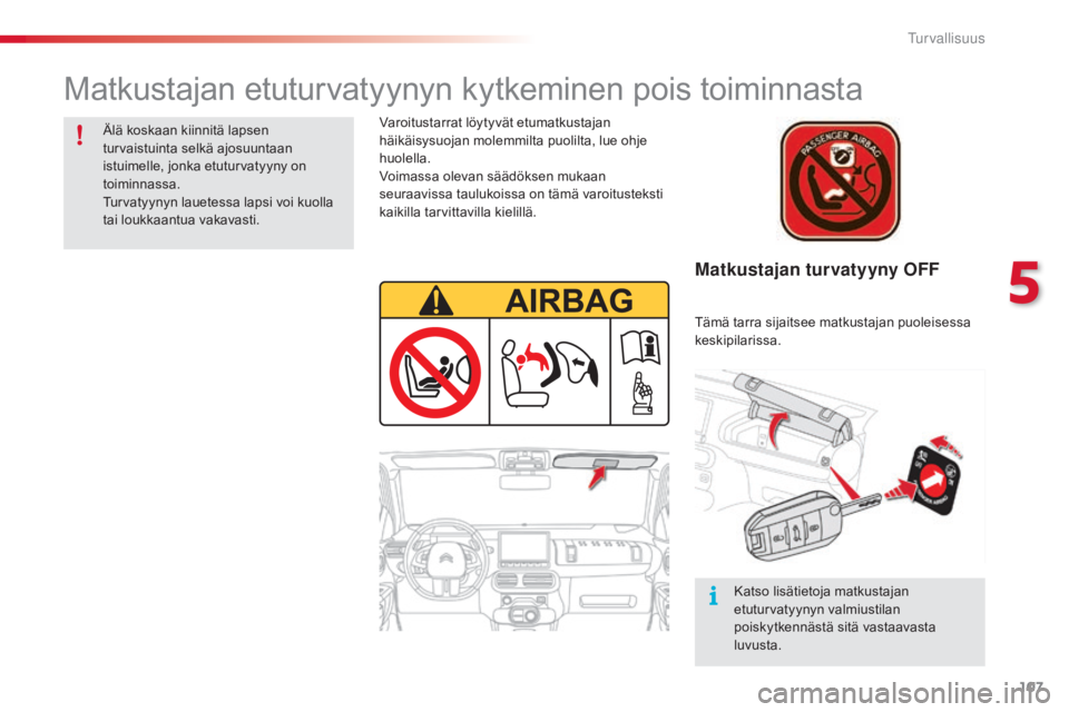 CITROEN C4 CACTUS 2018 Omistajan Käsikirjat (in Finnish) 107
C4-cactus_fi_Chap05_securite_ed01-2016
Matkustajan turvatyyny OFF
Varoitustarrat löytyvät etumatkustajan
häikäisysuojan molemmilta puolilta, lue ohje
huolella.
Voimassa olevan säädöksen m CITROEN C4 CACTUS 2018 Omistajan Käsikirjat (in Finnish) 107
C4-cactus_fi_Chap05_securite_ed01-2016
Matkustajan turvatyyny OFF
Varoitustarrat löytyvät etumatkustajan
häikäisysuojan molemmilta puolilta, lue ohje
huolella.
Voimassa olevan säädöksen m