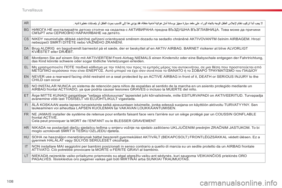 CITROEN C4 CACTUS 2018  Omistajan Käsikirjat (in Finnish) 108
aR
BG
НИКОГА НЕ инсталирайте детско столче на седалка с АКТИВИРАНА предна ВЪЗДУШНА ВЪЗГЛАВНИЦ А. Това може да