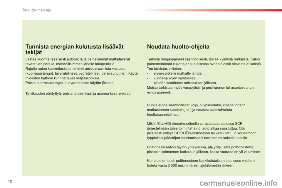 CITROEN C4 CACTUS 2018 Omistajan Käsikirjat (in Finnish) 10
C4-cactus_fi_Chap00c_eco-conduite_ed01-2016
Tunnista energian kulutusta lisäävät
tekijät
Lastaa kuorma tasaisesti autoon; laita painavimmat matkatavarat
tavaratilan perälle, mahdollisimman l CITROEN C4 CACTUS 2018 Omistajan Käsikirjat (in Finnish) 10
C4-cactus_fi_Chap00c_eco-conduite_ed01-2016
Tunnista energian kulutusta lisäävät
tekijät
Lastaa kuorma tasaisesti autoon; laita painavimmat matkatavarat
tavaratilan perälle, mahdollisimman l