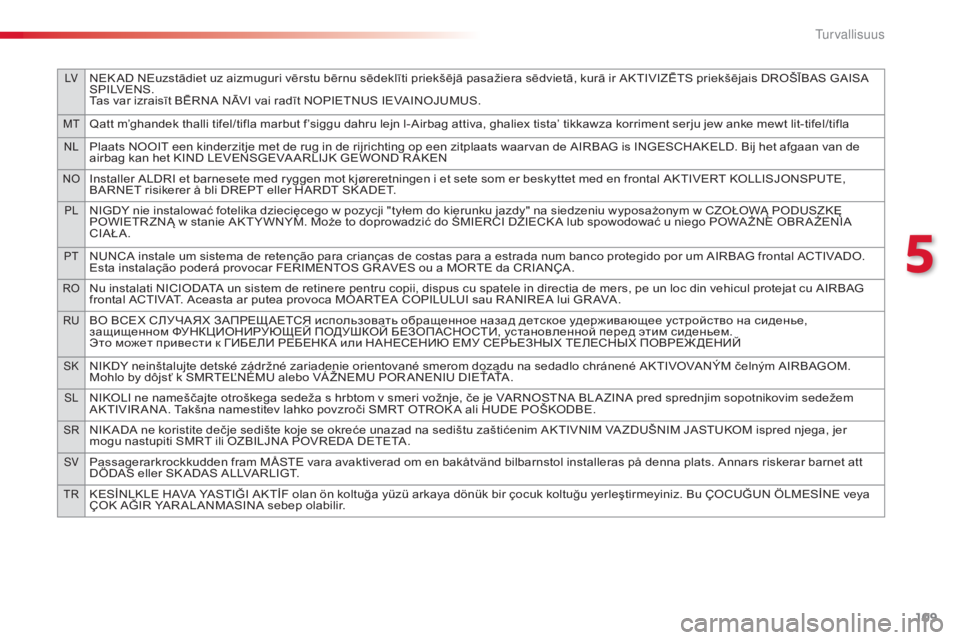 CITROEN C4 CACTUS 2018 Omistajan Käsikirjat (in Finnish) 109
LVNEKaD NEuzstādiet uz aizmuguri vērstu bērnu sēdeklīti priekšējā pasažiera sēdvietā, kurā ir aK TIVIZĒTS priekšējais DROŠĪBaS GaI Sa
S P I LV E N S .
Tas var izraisīt BĒRN
a
CITROEN C4 CACTUS 2018 Omistajan Käsikirjat (in Finnish) 109
LVNEKaD NEuzstādiet uz aizmuguri vērstu bērnu sēdeklīti priekšējā pasažiera sēdvietā, kurā ir aK TIVIZĒTS priekšējais DROŠĪBaS GaI Sa
S P I LV E N S .
Tas var izraisīt BĒRN
a