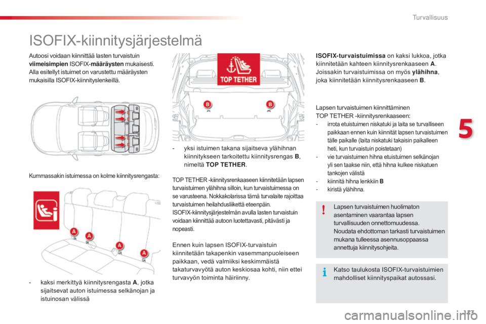 CITROEN C4 CACTUS 2018 Omistajan Käsikirjat (in Finnish) 113
C4-cactus_fi_Chap05_securite_ed01-2016
autoosi voidaan kiinnittää lasten turvaistuin
viimeisimpien ISOFIX-määräysten mukaisesti.
al
la esitellyt istuimet on varustettu määräysten
mukai CITROEN C4 CACTUS 2018 Omistajan Käsikirjat (in Finnish) 113
C4-cactus_fi_Chap05_securite_ed01-2016
autoosi voidaan kiinnittää lasten turvaistuin
viimeisimpien ISOFIX-määräysten mukaisesti.
al
la esitellyt istuimet on varustettu määräysten
mukai