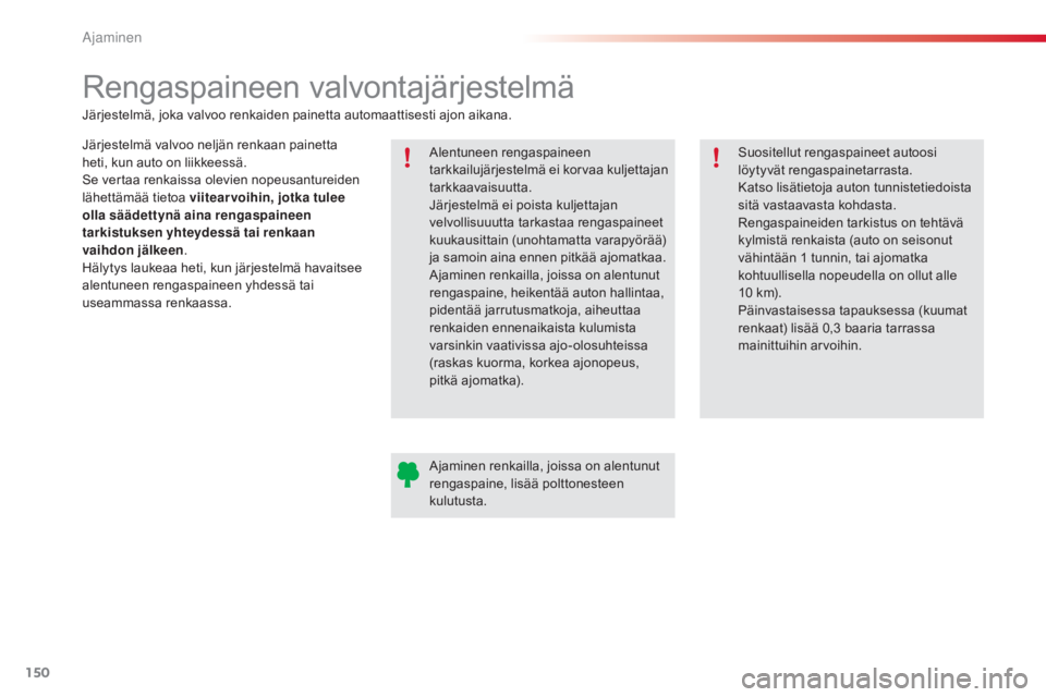 CITROEN C4 CACTUS 2018 Omistajan Käsikirjat (in Finnish) 150
C4-cactus_fi_Chap06_conduite_ed01-2016
Rengaspaineen valvontajärjestelmä
Järjestelmä valvoo neljän renkaan painetta
heti, kun auto on liikkeessä.
Se vertaa renkaissa olevien nopeusantureide CITROEN C4 CACTUS 2018 Omistajan Käsikirjat (in Finnish) 150
C4-cactus_fi_Chap06_conduite_ed01-2016
Rengaspaineen valvontajärjestelmä
Järjestelmä valvoo neljän renkaan painetta
heti, kun auto on liikkeessä.
Se vertaa renkaissa olevien nopeusantureide
