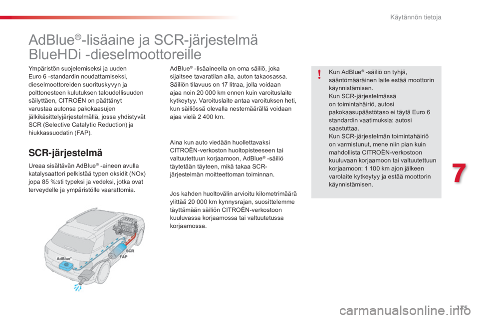 CITROEN C4 CACTUS 2018 Omistajan Käsikirjat (in Finnish) 175
C4-cactus_fi_Chap07_info-pratiques_ed01-2016
adBlue®-lisäaine ja SCR-järjestelmä
BlueHDi -dieselmoottoreille
Ympäristön suojelemiseksi ja uuden
Euro 6
-standardin noudattamiseksi,
diesel CITROEN C4 CACTUS 2018 Omistajan Käsikirjat (in Finnish) 175
C4-cactus_fi_Chap07_info-pratiques_ed01-2016
adBlue®-lisäaine ja SCR-järjestelmä
BlueHDi -dieselmoottoreille
Ympäristön suojelemiseksi ja uuden
Euro 6
-standardin noudattamiseksi,
diesel