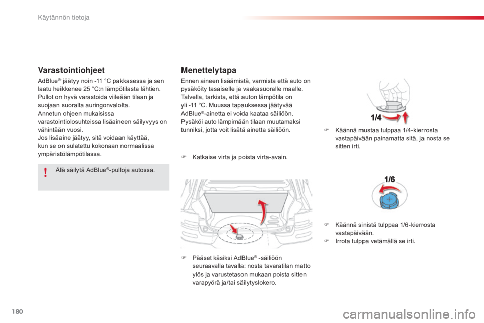 CITROEN C4 CACTUS 2018 Omistajan Käsikirjat (in Finnish) 180
C4-cactus_fi_Chap07_info-pratiques_ed01-2016
Varastointiohjeet
Älä säilytä adBlue®-pulloja autossa.
Menettelytapa
F Katkaise virta ja poista virta-avain.
F
P
ääset käsiksi
a
dBlue
® CITROEN C4 CACTUS 2018 Omistajan Käsikirjat (in Finnish) 180
C4-cactus_fi_Chap07_info-pratiques_ed01-2016
Varastointiohjeet
Älä säilytä adBlue®-pulloja autossa.
Menettelytapa
F Katkaise virta ja poista virta-avain.
F
P
ääset käsiksi
a
dBlue
®