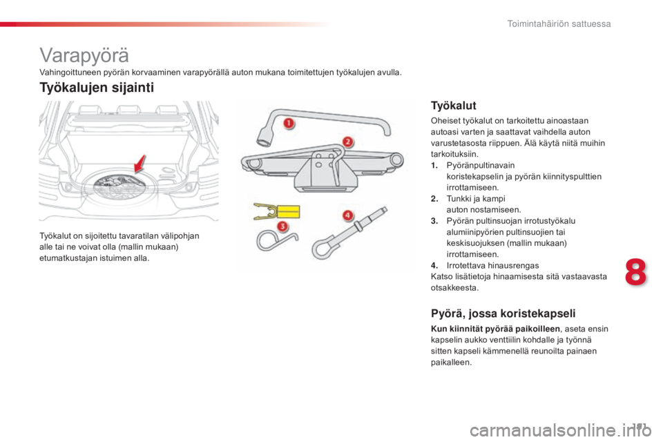 CITROEN C4 CACTUS 2018 Omistajan Käsikirjat (in Finnish) 191
C4-cactus_fi_Chap08_En-cas-de-panne_ed01-2016
Varapyörä
Työkalut on sijoitettu tavaratilan välipohjan
alle tai ne voivat olla (mallin mukaan)
etumatkustajan istuimen alla.
Työkalujen sijain CITROEN C4 CACTUS 2018 Omistajan Käsikirjat (in Finnish) 191
C4-cactus_fi_Chap08_En-cas-de-panne_ed01-2016
Varapyörä
Työkalut on sijoitettu tavaratilan välipohjan
alle tai ne voivat olla (mallin mukaan)
etumatkustajan istuimen alla.
Työkalujen sijain
